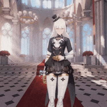 a woman with white hair and a top hat stands in a room