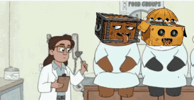 a cartoon drawing of a woman holding a clipboard and a sign that says food groups