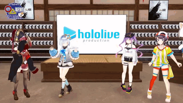 a group of anime girls dancing in front of a hololive production sign