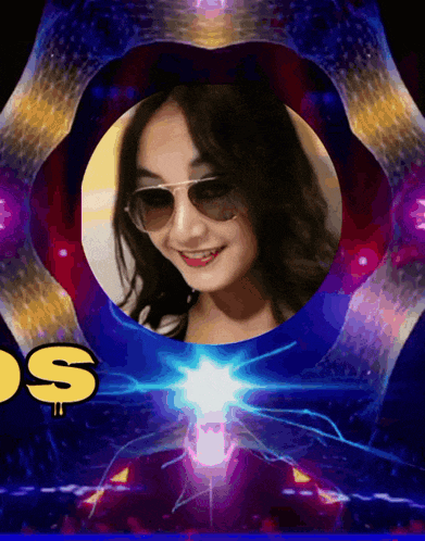 a woman wearing sunglasses is surrounded by a heart shaped frame that says ' os ' on the bottom
