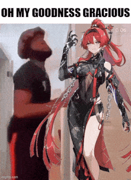 a man with a beard is standing next to a woman with red hair and the words oh my goodness gracious