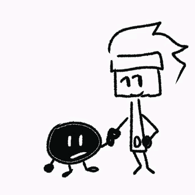 a black and white drawing of a man standing next to a black object with arms and legs .