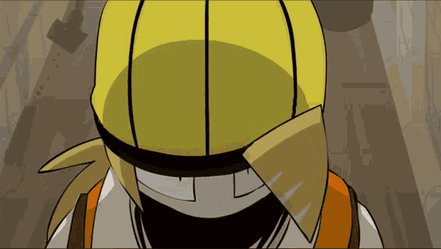 a cartoon character wearing a yellow helmet with a black band around his neck