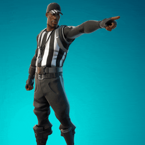 a man in a black and white striped uniform is pointing
