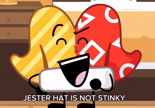 a cartoon character says jester hat is not stinky next to another character