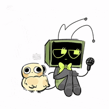 a cartoon drawing of a robot with a microphone and a bird .