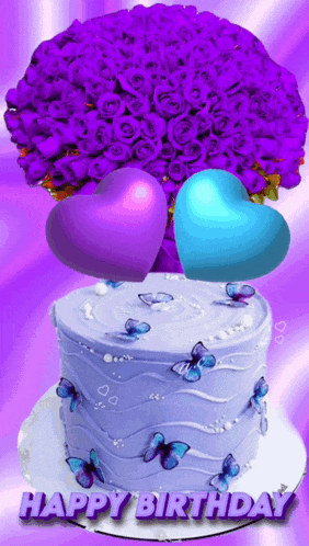 a birthday cake with butterflies and purple roses on it