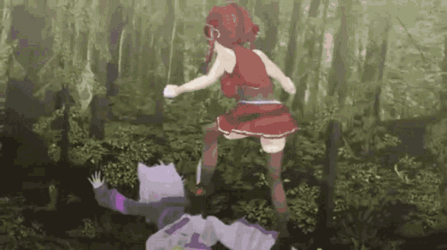 a couple of anime girls are standing in the woods .