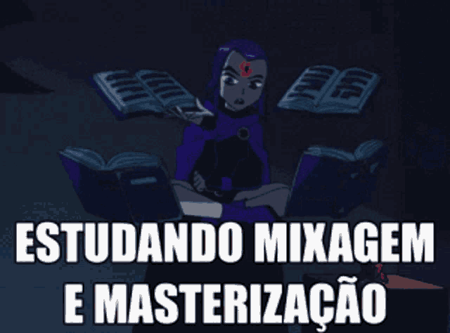 a cartoon of raven reading a book with the words estudando mixagem e masterização
