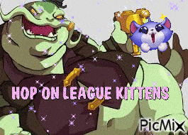 a cartoon of a man holding a kitten with the words hop on league kittens