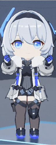 a girl with white hair and blue eyes is wearing a white coat and knee high socks