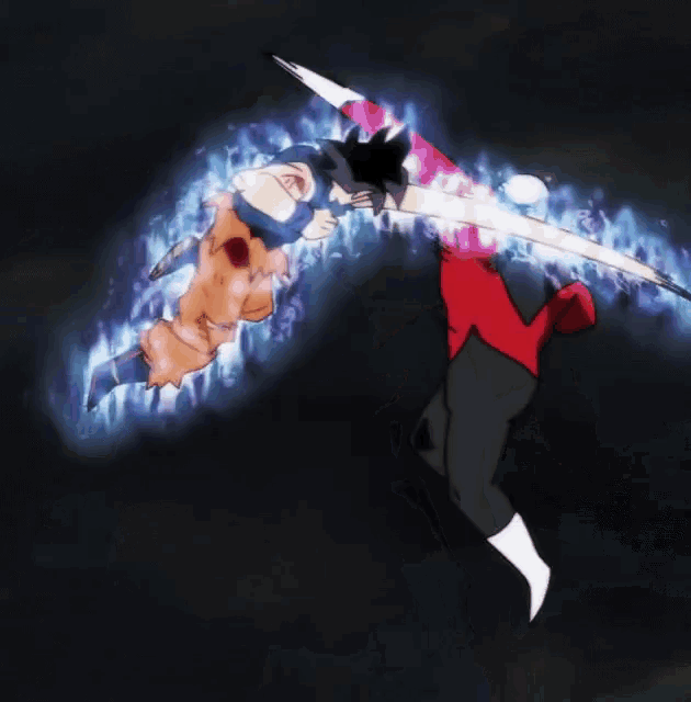 a man in a red jacket kicking another man in a blue aura