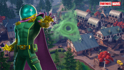 a video game called fortnite marvel shows a superhero holding a green object