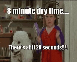 a girl holding a brush next to a white dog that says 3 minute dry time