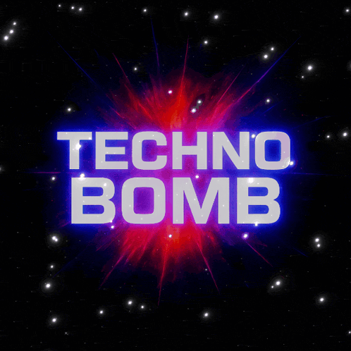 a techno bomb logo with a red and blue background