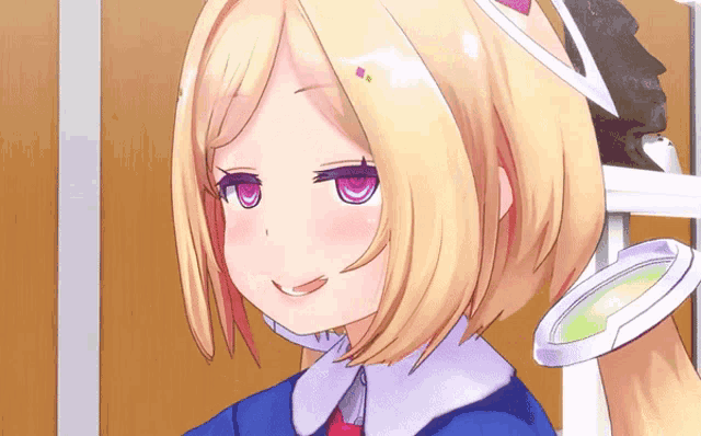 a cartoon girl with blonde hair and purple eyes looks at the camera