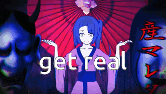 a girl with blue hair stands in front of a red umbrella with the words get real written on it