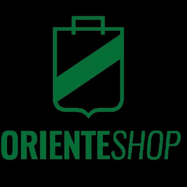 orienteshop logo on a black background with a green shield with a handle