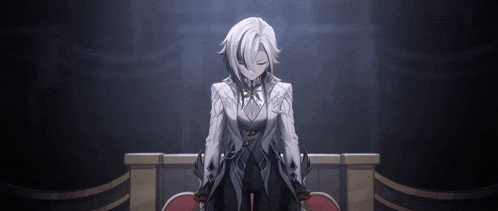 a girl with white hair and a bow tie is standing in a dark room