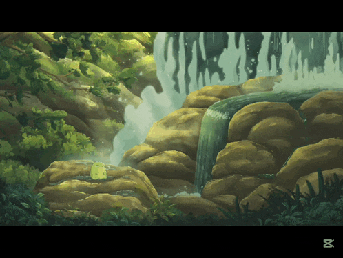 a painting of a waterfall with the letter x in the lower right corner