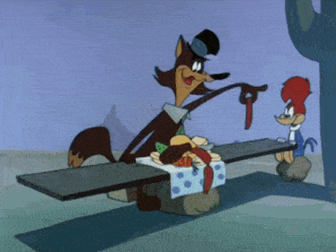 woody woodpecker and a wolf sitting at a table