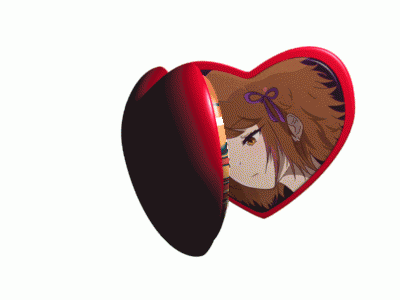 a heart shaped mirror with a picture of two anime characters on it