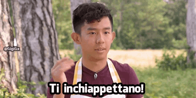 a young man wearing an apron says " ti inchiappettano " in front of a tree