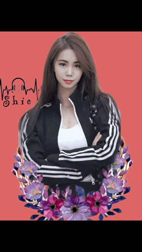 a picture of a girl with flowers and the name shie on the bottom