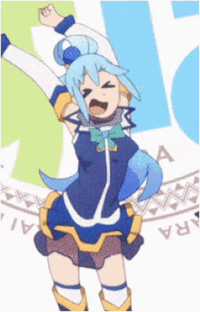 a girl with blue hair and a bow on her head is dancing with her arms in the air