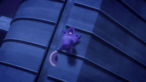 a person in a purple suit is crawling on a wall