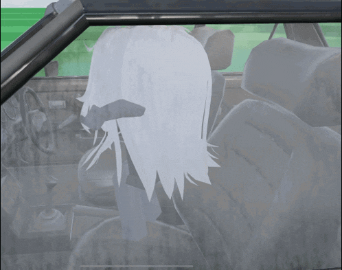 a woman with white hair is sitting in a car with a green background