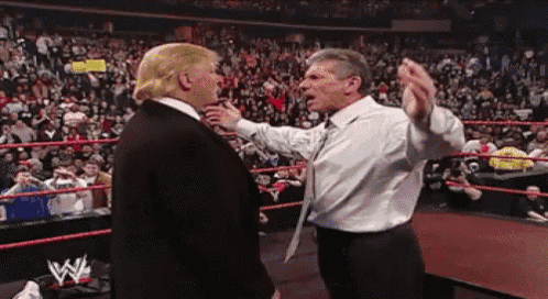 two men are standing next to each other in a wrestling ring with a crowd watching