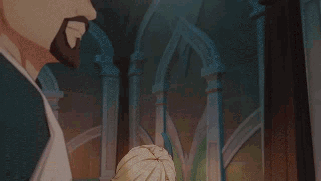 a man with blonde hair and red eyes is sitting in a room with arches and pillars .