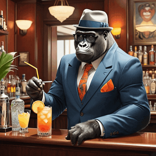 a gorilla in a suit is sitting at a bar holding a drink