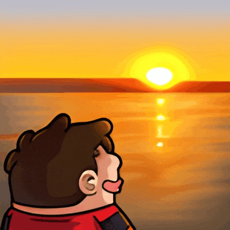 a cartoon of a man looking at the sunset