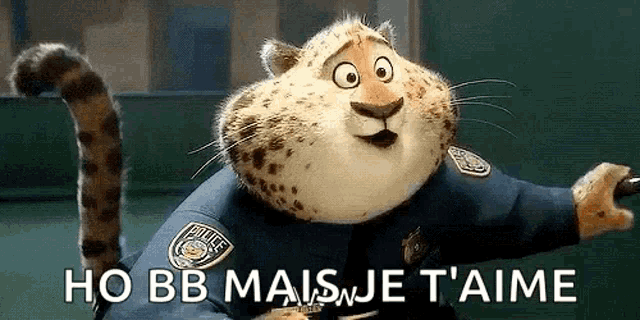 a cheetah from zootopia is wearing a police uniform and holding a gun .