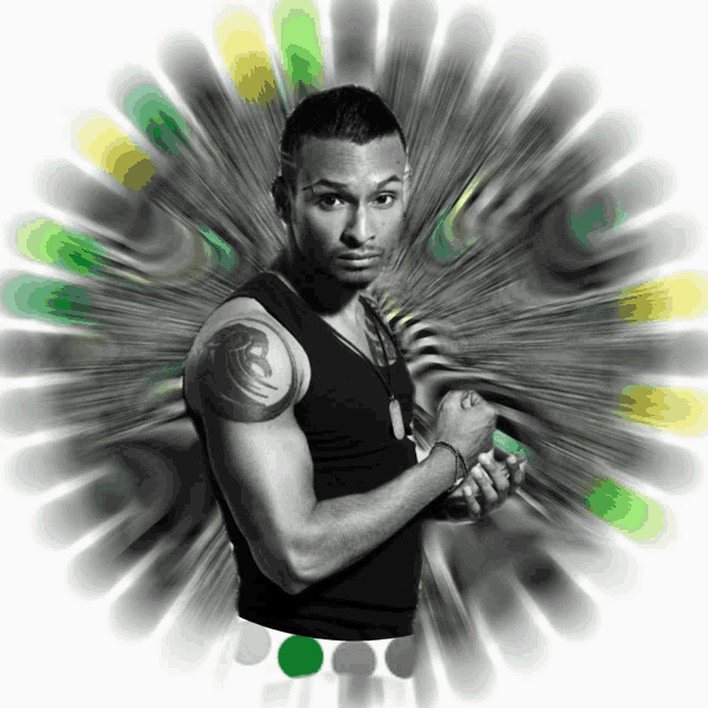 a man in a black tank top has a tattoo on his arm
