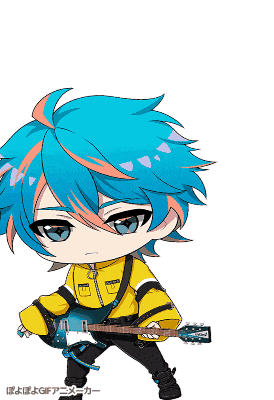 a drawing of a boy with blue hair holding a blue guitar