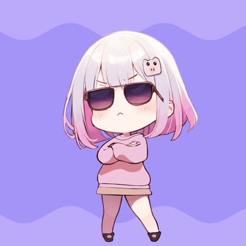 a chibi girl wearing sunglasses and a pig sticker on her head