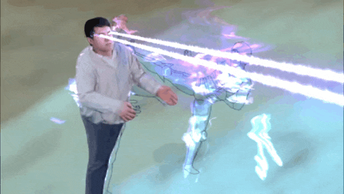 a man in a white shirt is standing in front of a drawing of a person with purple light coming out of their eyes