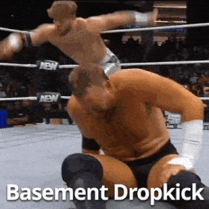 two men are wrestling in a ring with the words basement dropkick written below them .