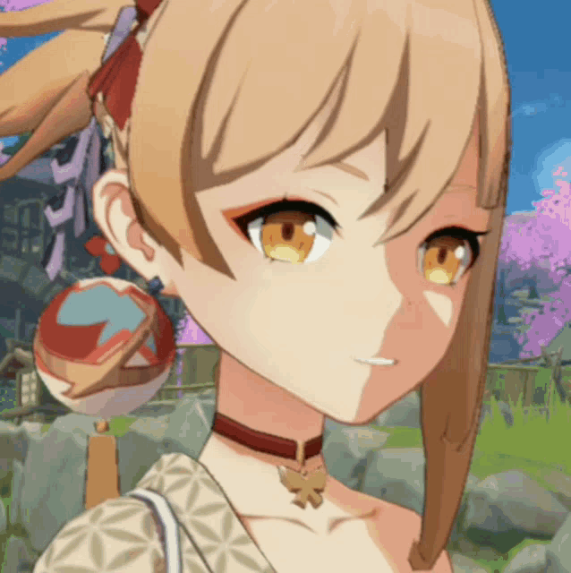 a close up of a girl 's face with a red choker