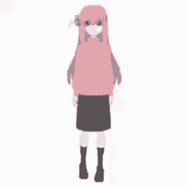 a girl with pink hair is standing on a white background .