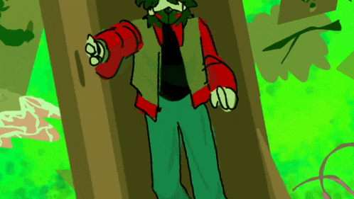 a cartoon drawing of a man with a beard and mustache standing next to a tree trunk .