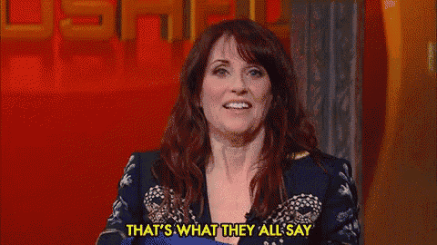 a woman is talking to a man on a television show and saying `` that 's what they all say `` .