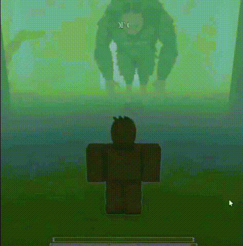 a video game character is standing in front of a giant robot in the fog .