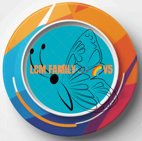 a blue and orange circle with a butterfly and the words lcm family v5