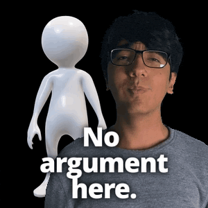 a man wearing glasses is standing next to a 3d figure that says no argument here