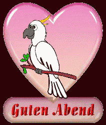 a cartoon parrot is sitting on a branch in front of a heart with the words guten abend below it