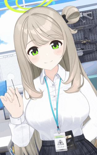 a girl with a lanyard around her neck that has a badge that says asido1